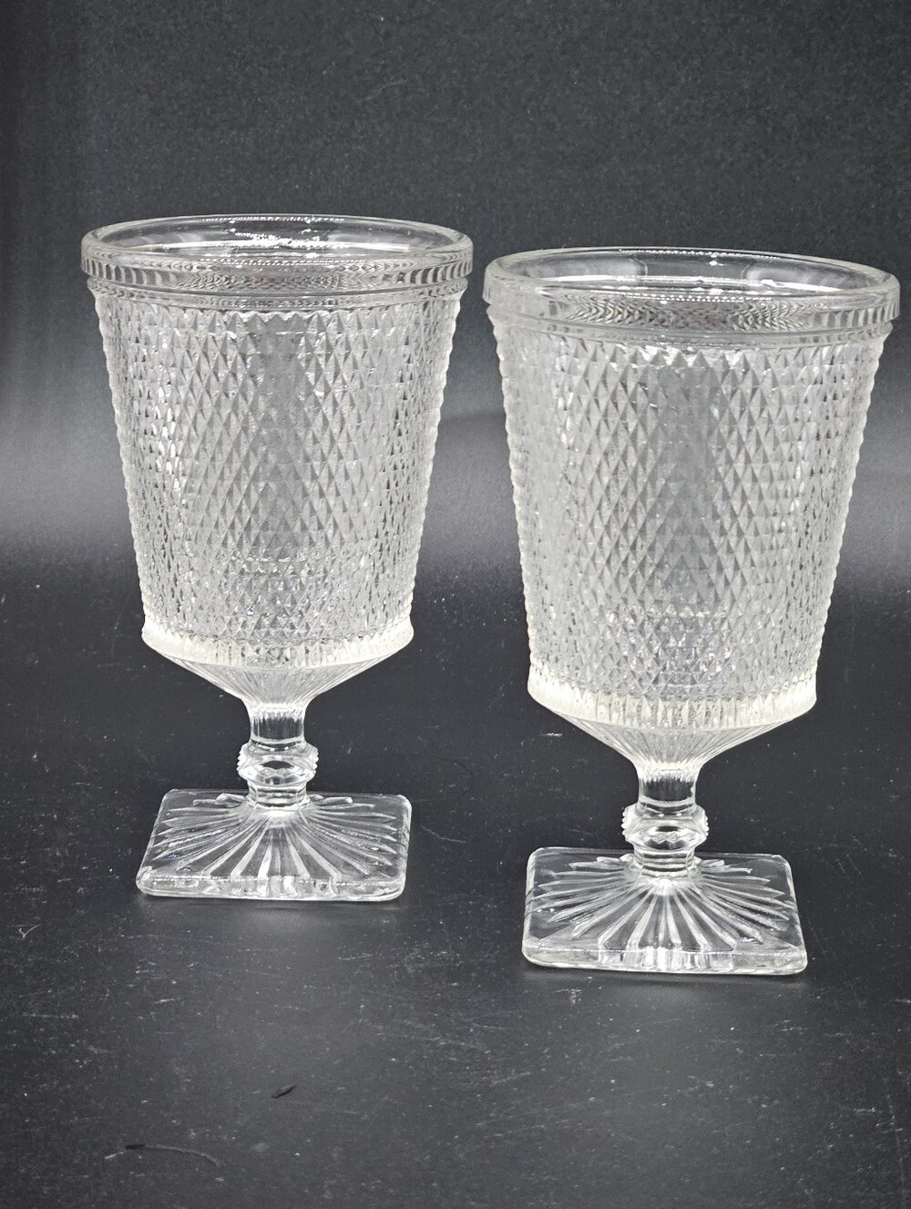 Vintage Anchor Hocking Waffle Block Glass Goblets Pedestal Square Base Set of 2